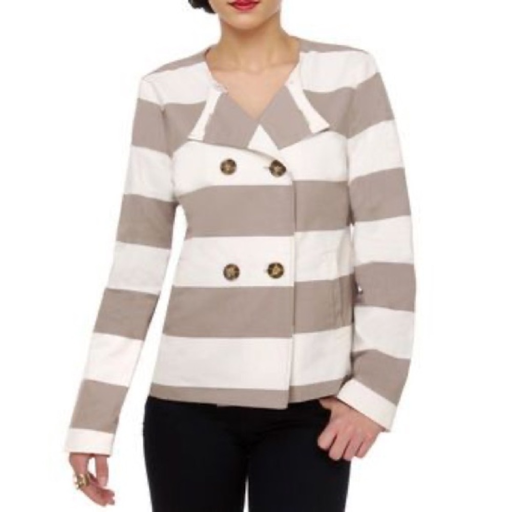 Jack by BB Dakota Carla Khaki and Beige Canvas Stripped Double Breasted Jacket